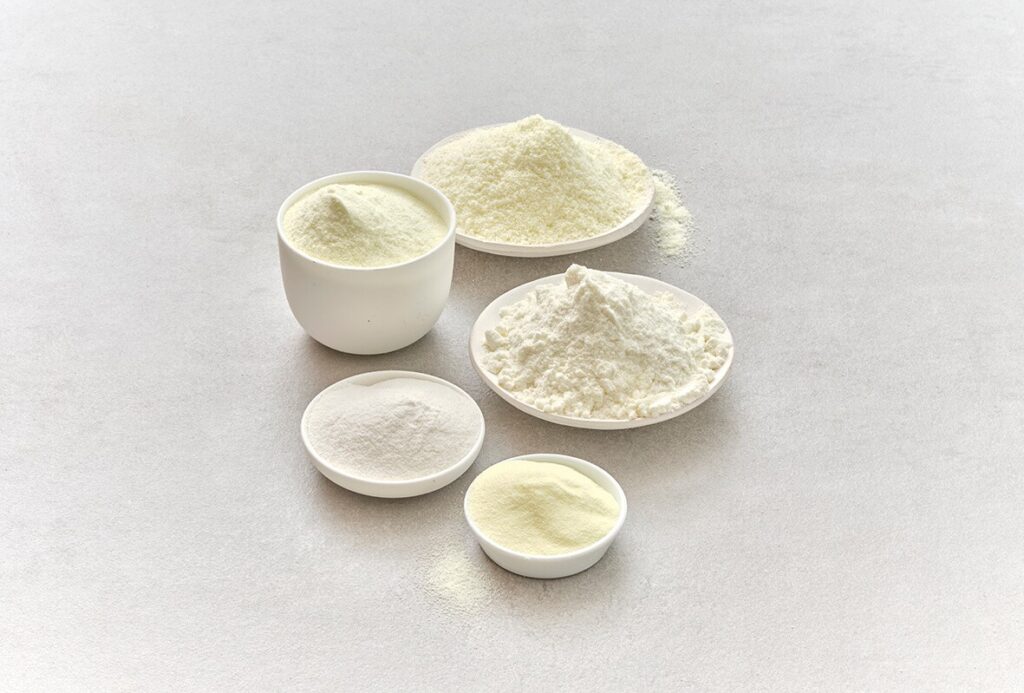 Poudres de lait dans différents bols